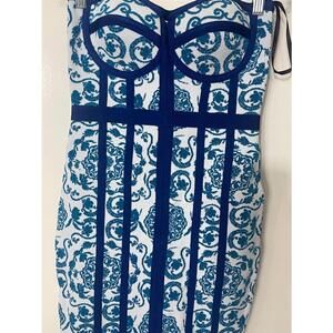Women's Bebe XS Blue and White Printed Bustier Bandage Dress